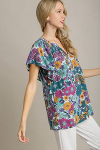 Umgee Floral Print Boxy Cut Top in Jade Mix Shirts & Tops Umgee   