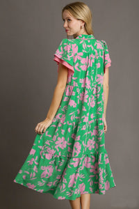 Umgee Two Tone Floral Print Midi Dress in Green Mix Dresses Umgee   