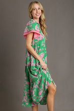 Load image into Gallery viewer, Umgee Two Tone Floral Print Midi Dress in Green Mix Dresses Umgee   
