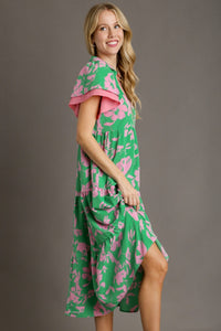 Umgee Two Tone Floral Print Midi Dress in Green Mix Dresses Umgee   