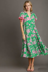 Umgee Two Tone Floral Print Midi Dress in Green Mix Dresses Umgee   