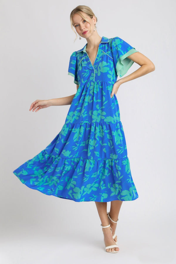 Umgee Two Tone Floral Print Midi Dress in Azure Mix Dresses Umgee   