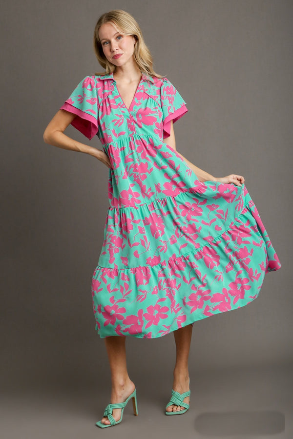 Umgee Two Tone Floral Print Midi Dress in Cotton Candy Mix Dresses Umgee   