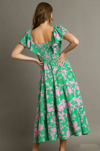 Umgee Two Toned Floral Print Tiered Maxi Dress in Green Mix Dress Umgee   