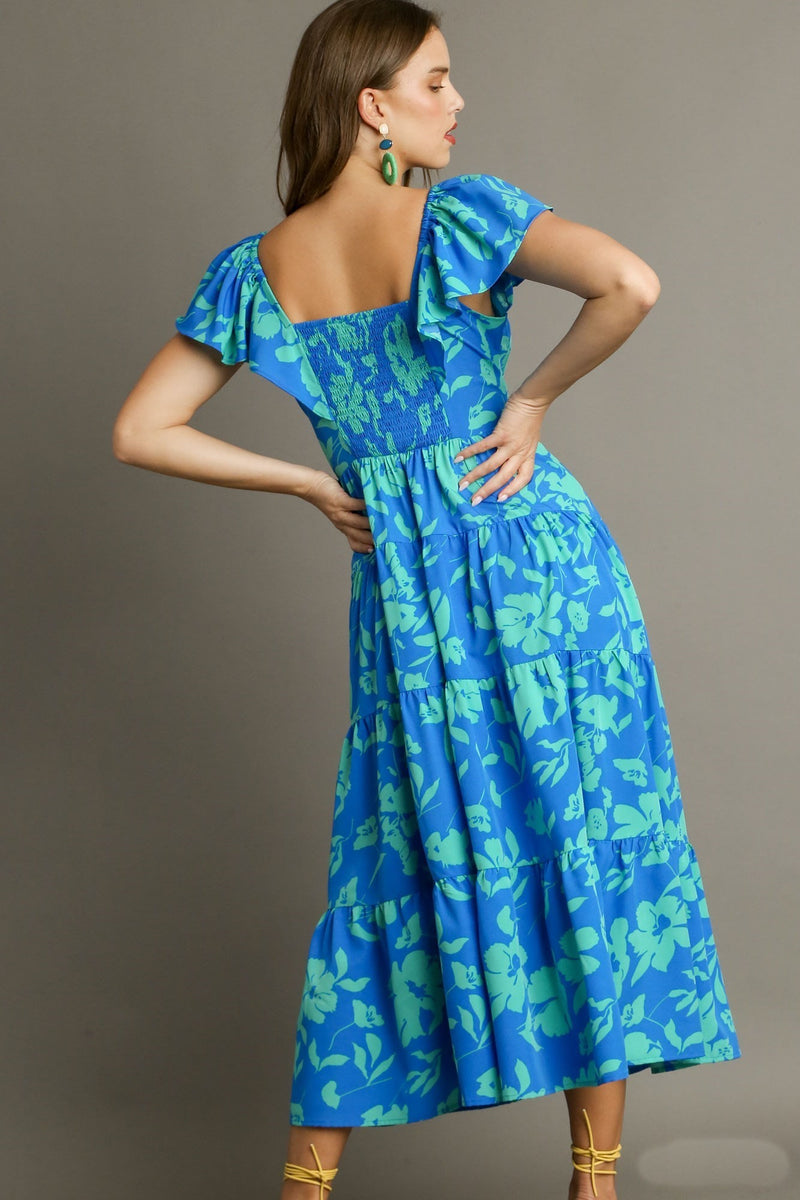 Umgee Two Toned Floral Print Tiered Maxi Dress in Azure Mix – June Adel