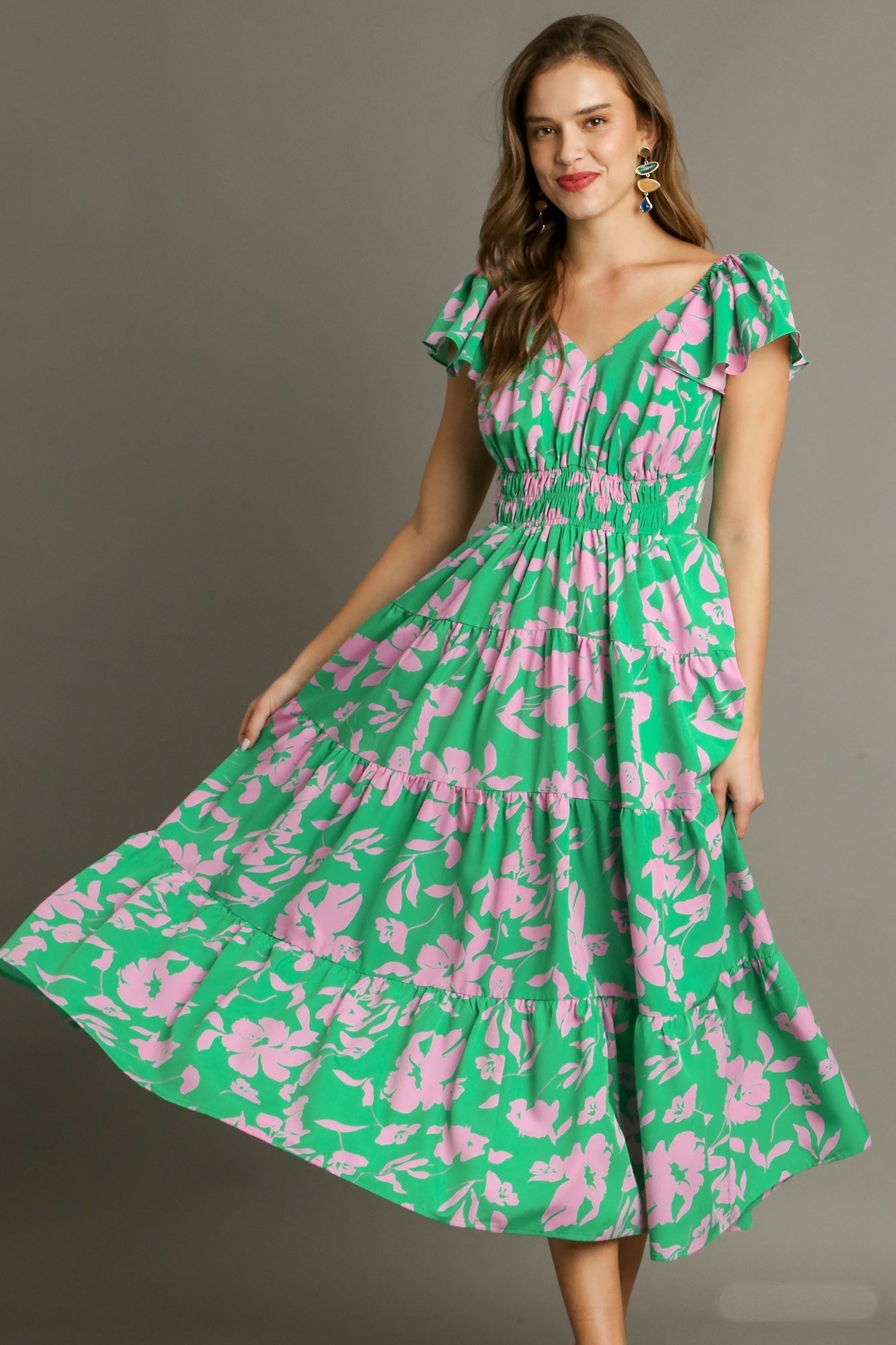 Umgee Two Toned Floral Print Tiered Maxi Dress in Green Mix – June Adel