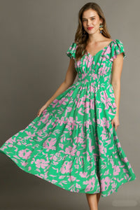 Umgee Two Toned Floral Print Tiered Maxi Dress in Green Mix Dress Umgee   
