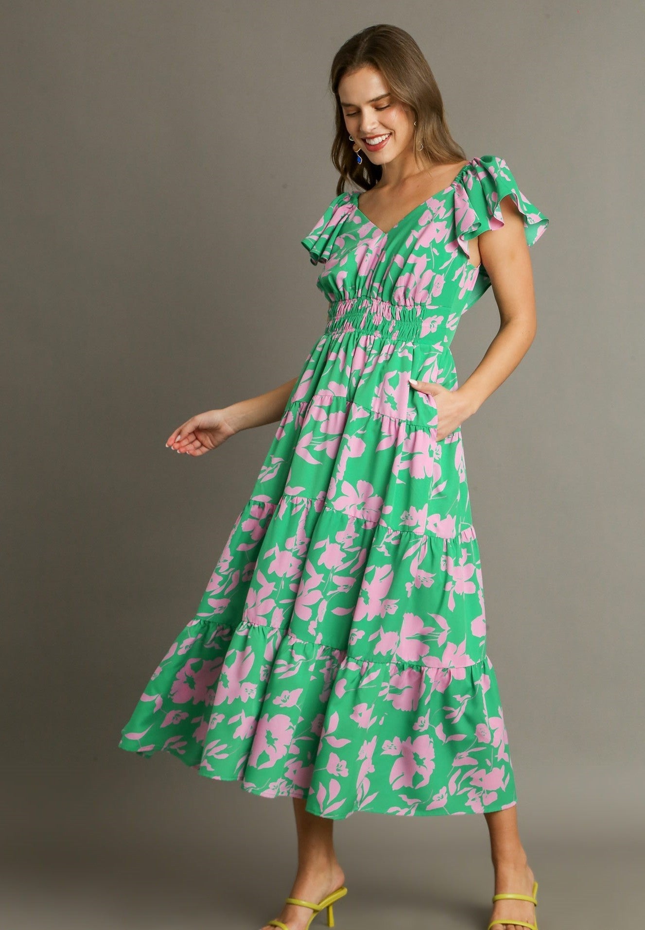 Umgee Two Toned Floral Print Tiered Maxi Dress in Green Mix – June Adel