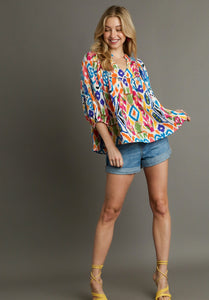 Umgee Mixed Print High Neck Boxy Cut Top in Pink/Blue Shirts & Tops Umgee   