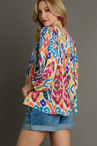 Umgee Mixed Print High Neck Boxy Cut Top in Pink/Blue Shirts & Tops Umgee   