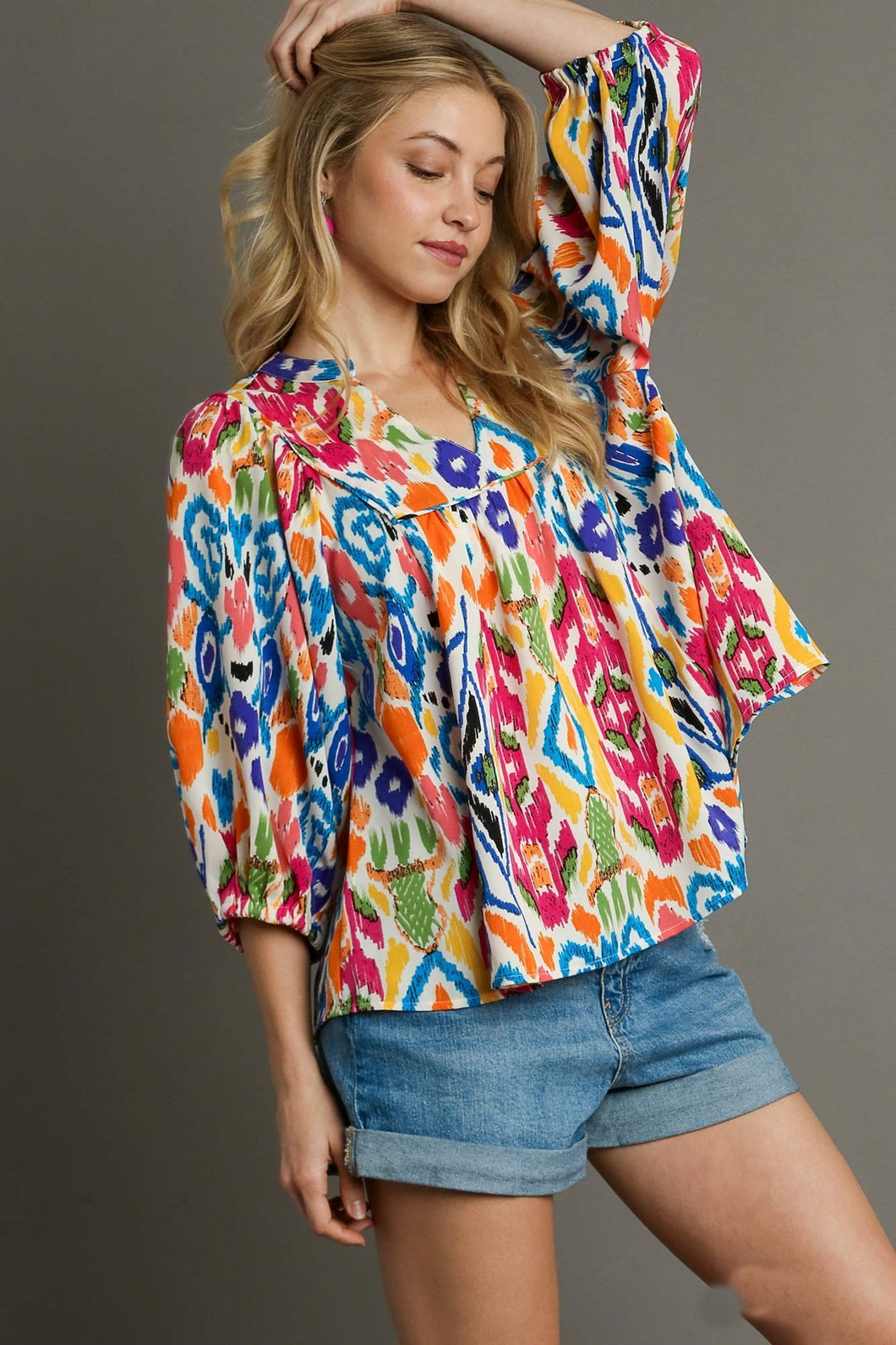 Umgee Mixed Print High Neck Boxy Cut Top in Pink/Blue Shirts & Tops Umgee   