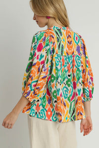 Umgee Mixed Print High Neck Boxy Cut Top in Green/Orange Shirts & Tops Umgee   