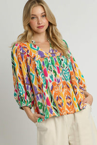 Umgee Mixed Print High Neck Boxy Cut Top in Green/Orange Shirts & Tops Umgee   