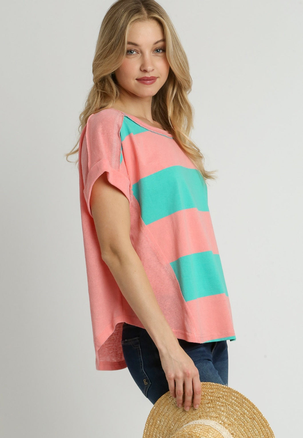 Umgee Striped Color Block Top in Emerald Shirts & Tops Umgee   