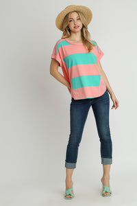 Umgee Striped Color Block Top in Emerald ON ORDER Shirts & Tops Umgee   