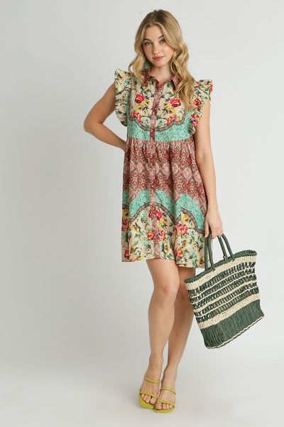 Umgee Mixed Print Button Down Dress in Mint Mix – June Adel