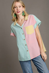 Umgee Colorblock Mixed Striped Button Down Top in Jade Shirts & Tops Umgee   