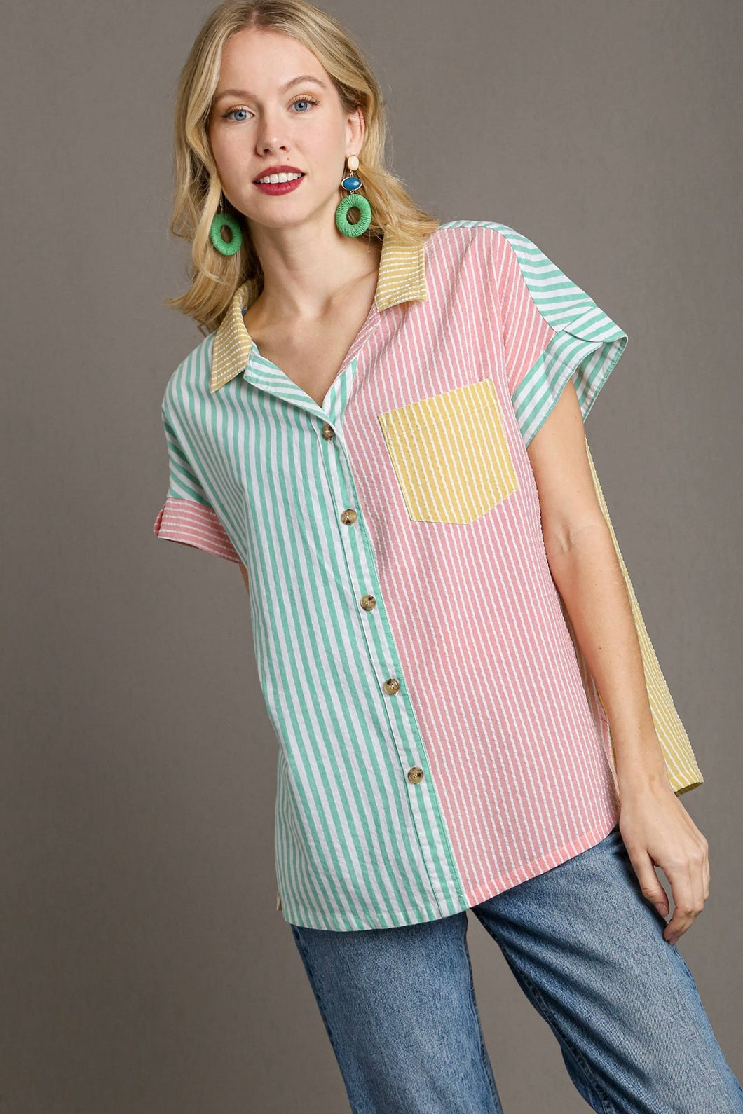 Umgee Colorblock Mixed Striped Button Down Top in Jade Shirts & Tops Umgee   