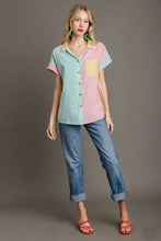 Load image into Gallery viewer, Umgee Colorblock Mixed Striped Button Down Top in Jade Shirts &amp; Tops Umgee   
