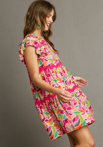 Umgee Short Abstract Print Tiered Dress in Rose Pink Dress Umgee   