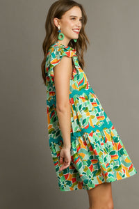 Umgee Short Abstract Print Tiered Dress in Green Dress Umgee   