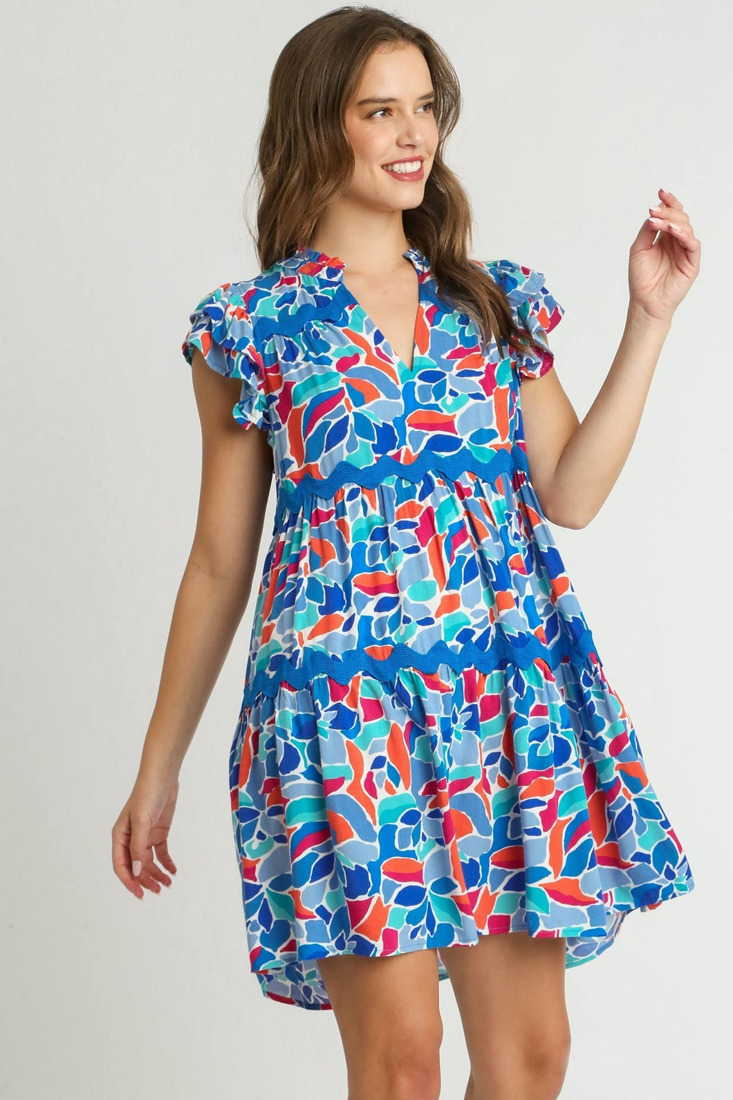 Umgee Short Abstract Print Tiered Dress in Periwinkle Dress Umgee   