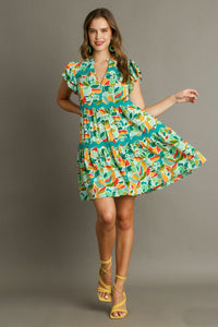 Umgee Short Abstract Print Tiered Dress in Green Dress Umgee   