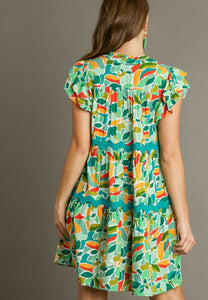 Umgee Short Abstract Print Tiered Dress in Green Dress Umgee   