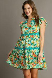 Umgee Short Abstract Print Tiered Dress in Green Dress Umgee   