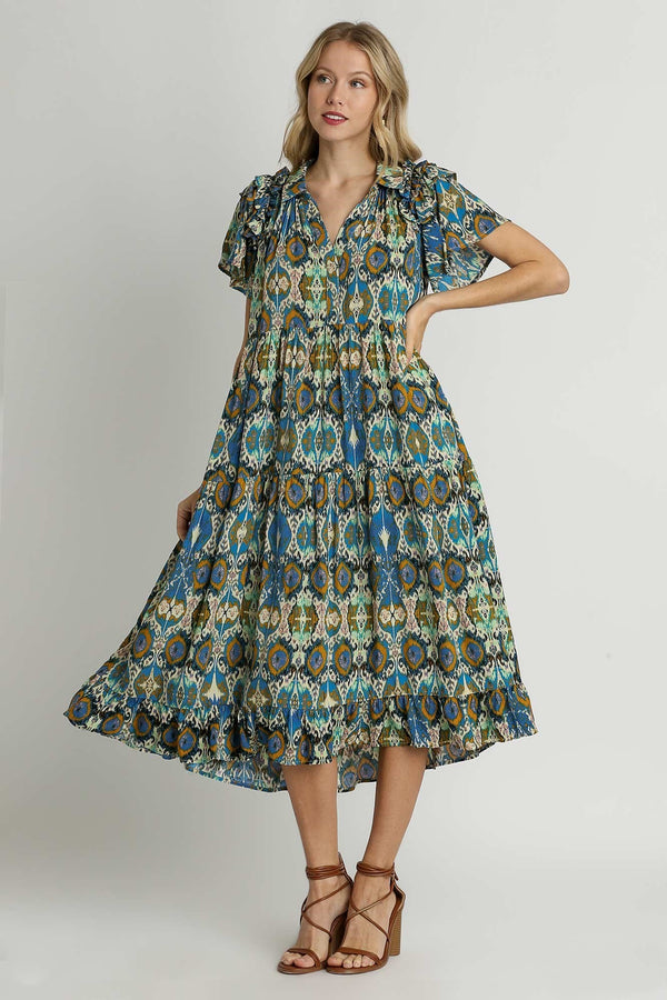 Umgee Mixed Print Tiered A-Line Ruffled Midi Dress in Blue Mix Dresses Umgee   