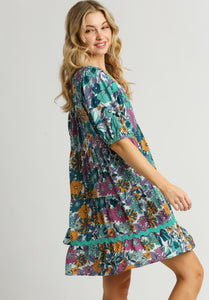 Umgee Floral Print Dress with Wavy Trim Details in Jade Mix Dresses Umgee   