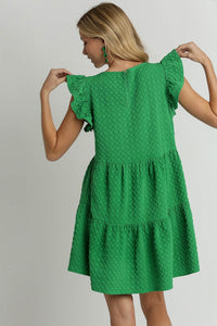 Umgee Tiered A- Line Textured Jacquard Print Dress in Green Dresses Umgee   