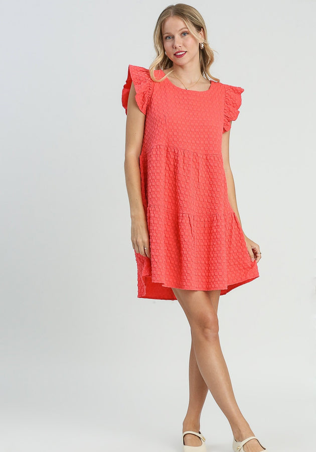 Umgee Tiered A- Line Textured Jacquard Print Dress in Coral Dresses Umgee   