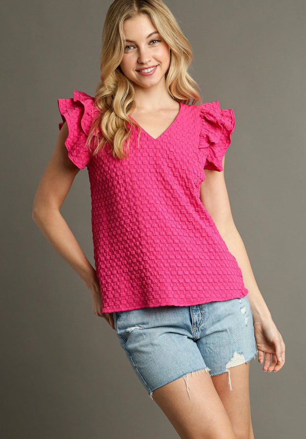 Umgee Solid Color Textured Jacquard Top in Hot Pink Shirts & Tops Umgee   