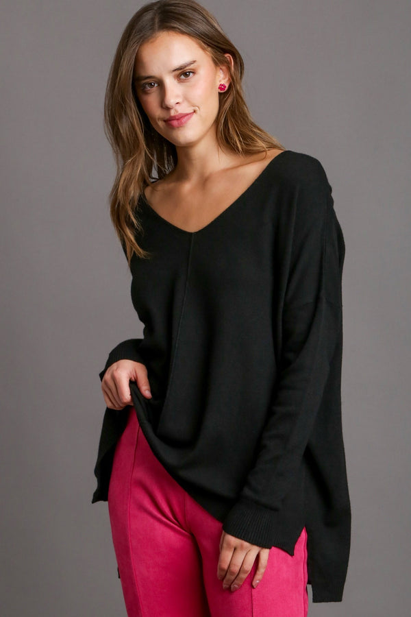 Umgee Solid Color Knit Sweater in Black Shirts & Tops Umgee   