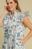 Umgee A-Line Floral Print Mini Dress in Blue