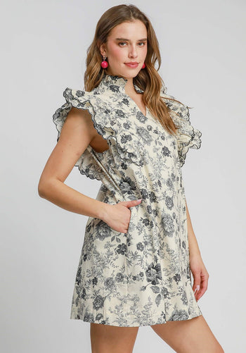 Umgee A-Line Floral Print Mini Dress in Black