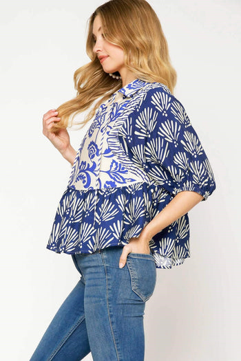 Umgee Mixed Print Baby Doll Top in Blue