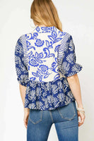 Umgee Mixed Print Baby Doll Top in Blue