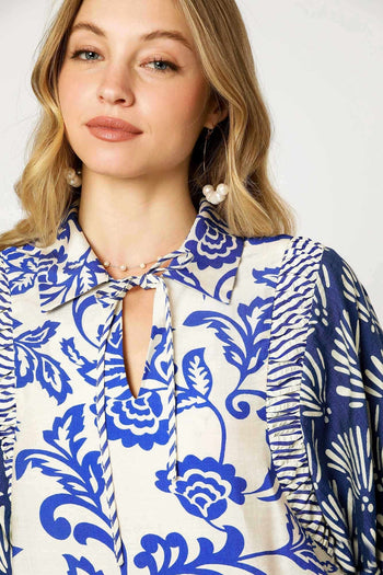 Umgee Mixed Print Baby Doll Top in Blue