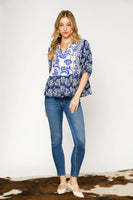 Umgee Mixed Print Baby Doll Top in Blue