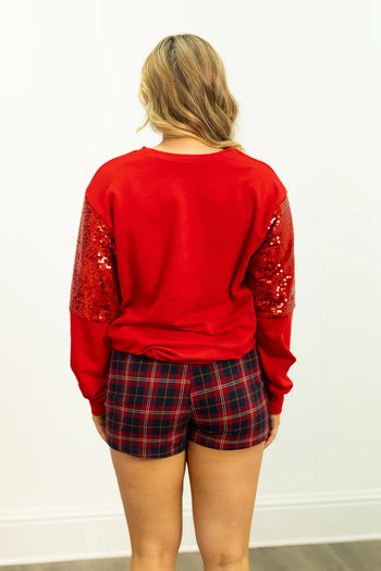 Grace+Emma Sequin Sleeve MERRY Sweatshirt in Red
