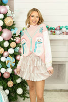Grace+Emma Snowman Cardigan with Sequin Sleeves in Pink