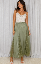 Load image into Gallery viewer, Listicle Lace Panel Silk Maxi Skirt in Light Olive
