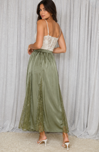 Load image into Gallery viewer, Listicle Lace Panel Silk Maxi Skirt in Light Olive
