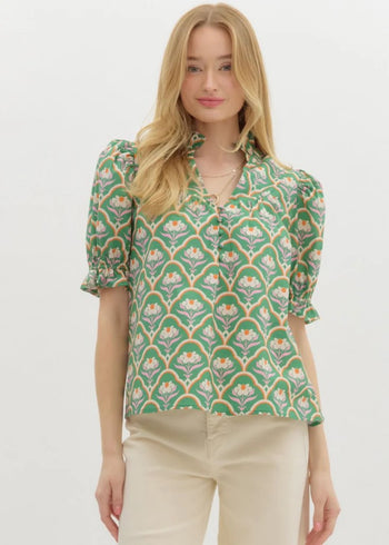 Entro Floral Scalloped Motif Print Top in Green