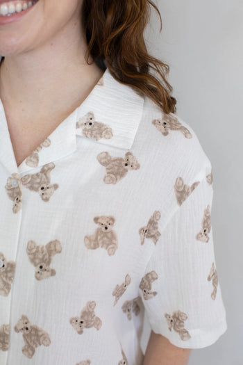 Things Between Cotton Gauze Teddy Bear Print Pajama Set in Cream