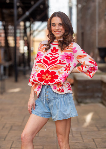 FATE Bold Floral Print Knit Mock Neck Sweater in Pink Multi