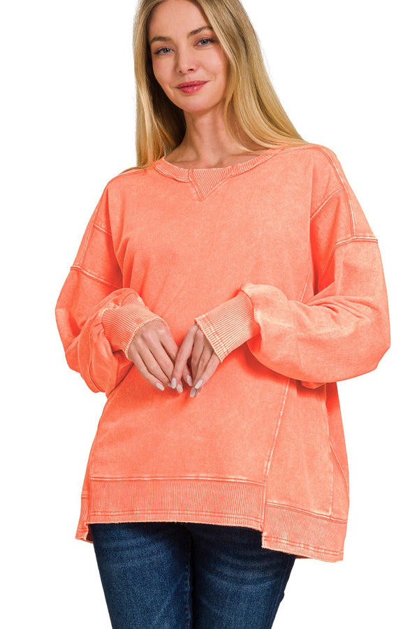 Acid Washed French Terry Pullover Top in Coral Shirts & Tops Zenana   