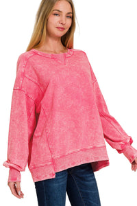 Acid Washed French Terry Pullover Top in Fuchsia Shirts & Tops Zenana   
